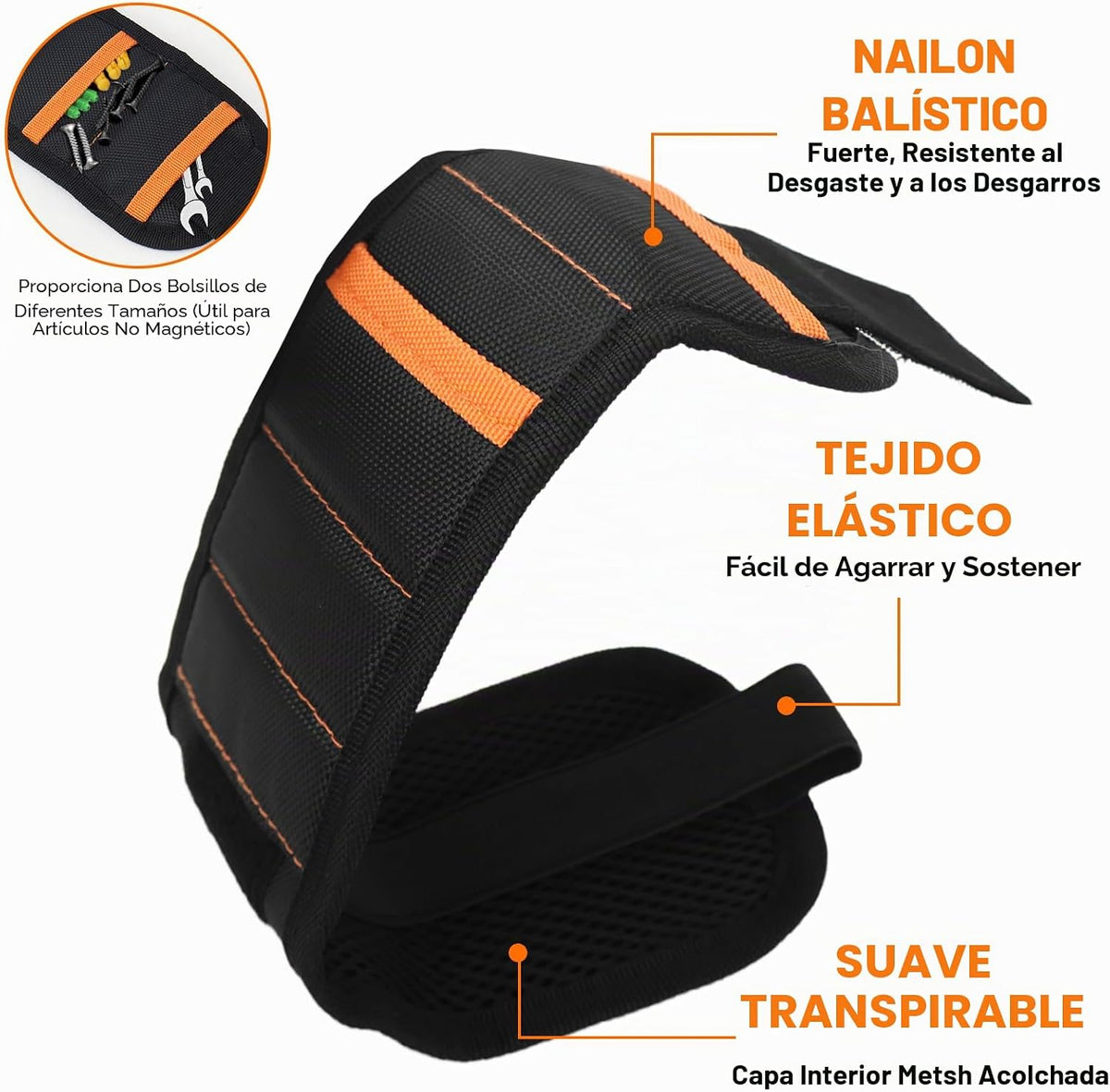 Brazalete magnético - 15 imanes fuertes, 2 bolsillos extra, cierre ajustable